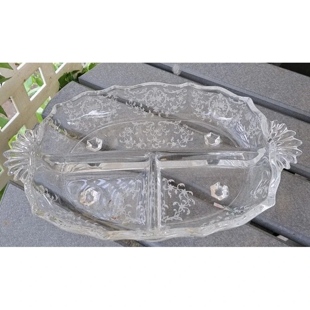 Fostoria Meadow Rose Clear 3 Part Handled Relish Dish Etched Base Heavy No Chips